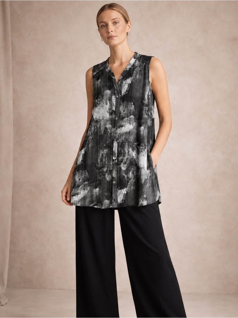 Eileen Fisher 100% Silk Abstract Print Sleeveless Button Front Tunic Large